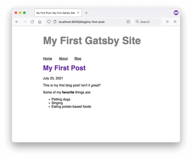 A screenshot of the "my-first-post" blog page in a web browser. The post's title, date, and body contents are rendered.